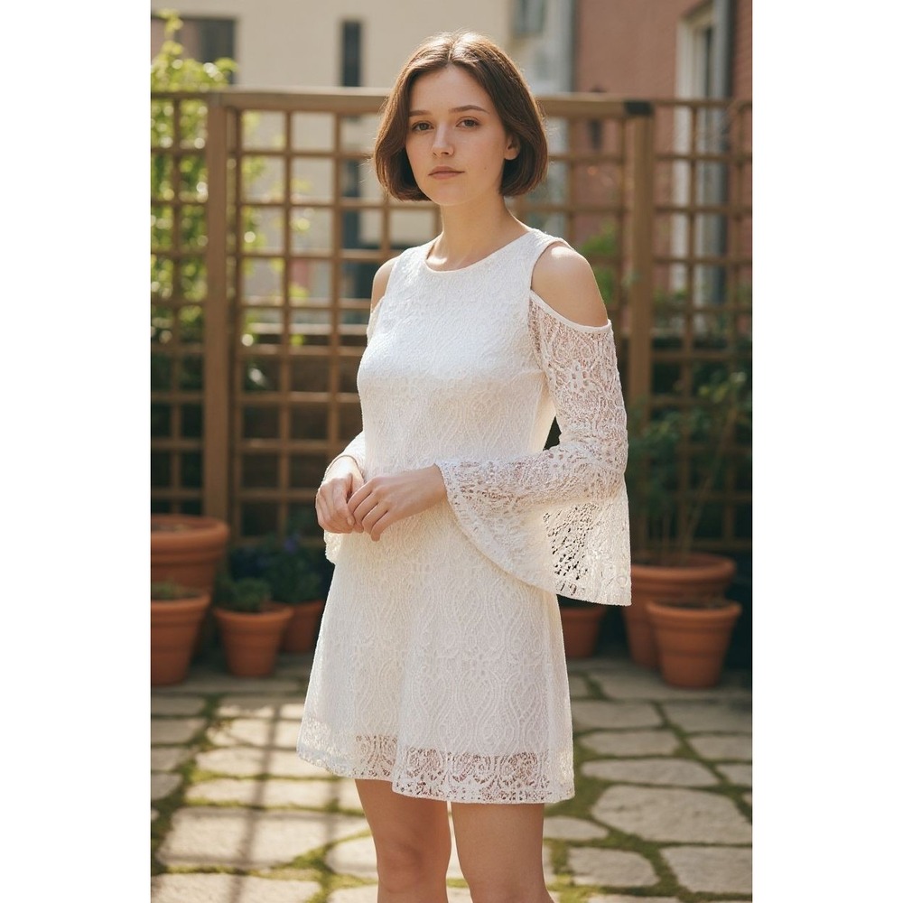 Size Small White‎ Boho Lace Ruffle Bell Sleeve Open Shoulder TOP Dress Mini